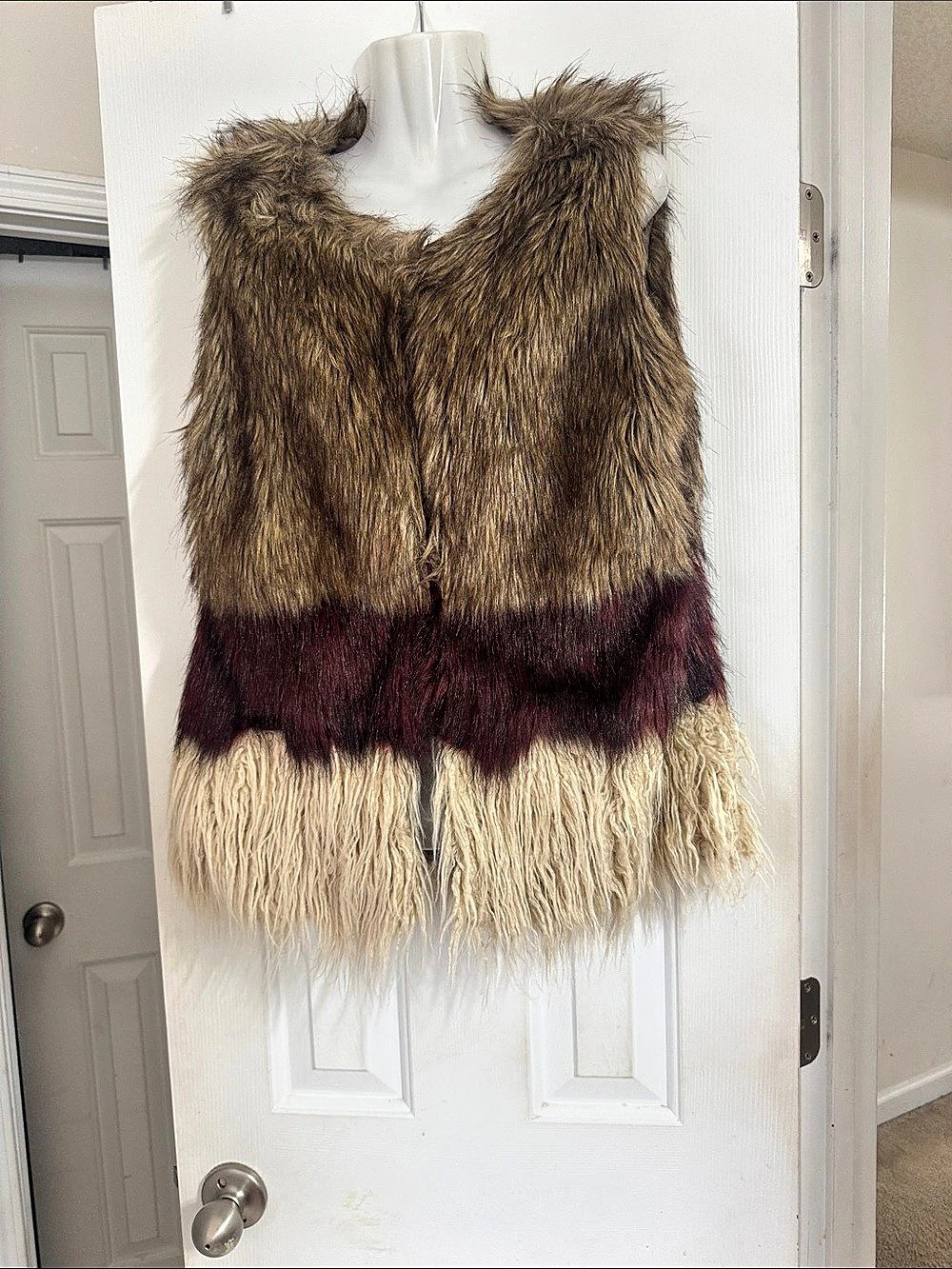 Say What? Faux Fur Fringe Vest in Brown & Burgundy Like New